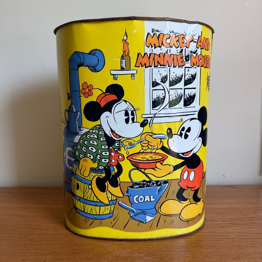 Vintage Cheinco Mickey and Minnie Mouse Metal Wastebasket Trash Can Made in USA